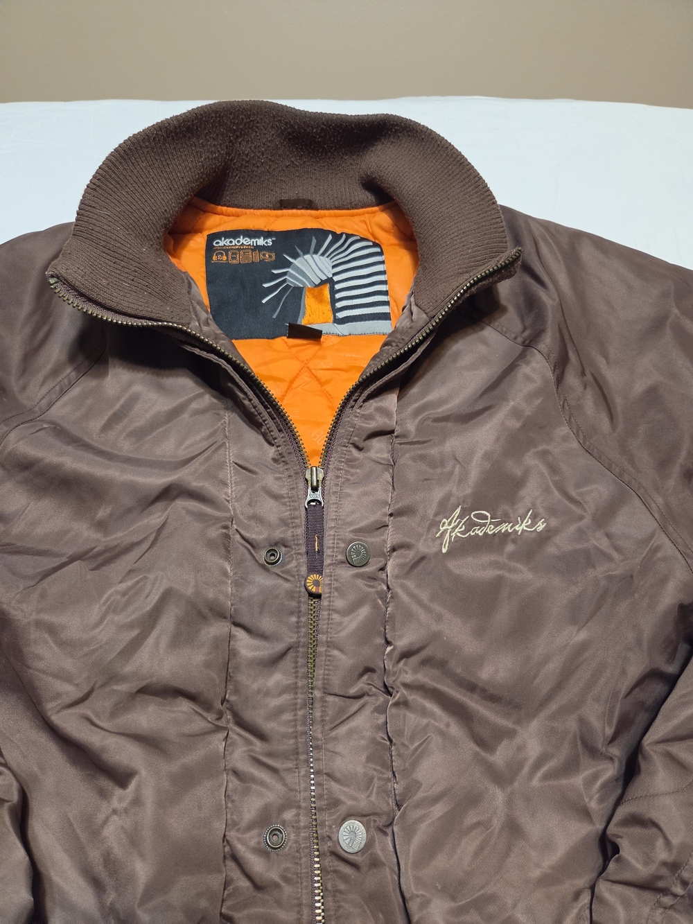 Vintage Y2K Akademiks Quilted Bomber Jacket | Brown Nylon w/  Orange Lining